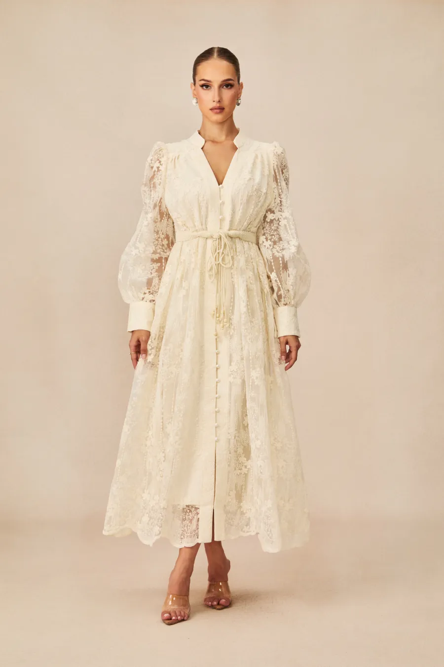 Modest Dresses: Madeline V-Neck Lace Embroidered Midi Dress | sunfere