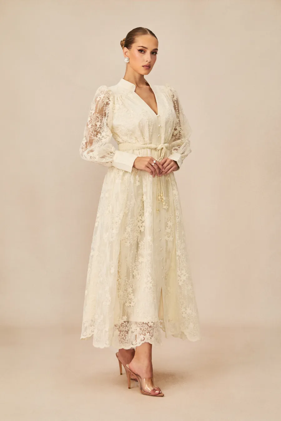 Modest Dresses: Madeline V-Neck Lace Embroidered Midi Dress | sunfere