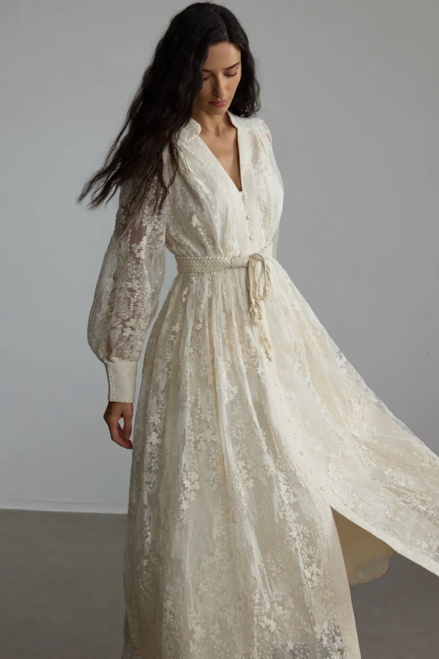 Modest Dresses: Madeline V-Neck Lace Embroidered Midi Dress | sunfere