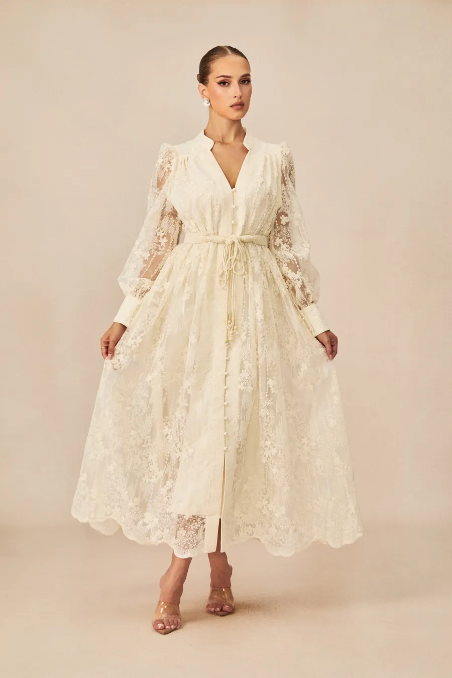 Modest Dresses: Madeline V-Neck Lace Embroidered Midi Dress | sunfere