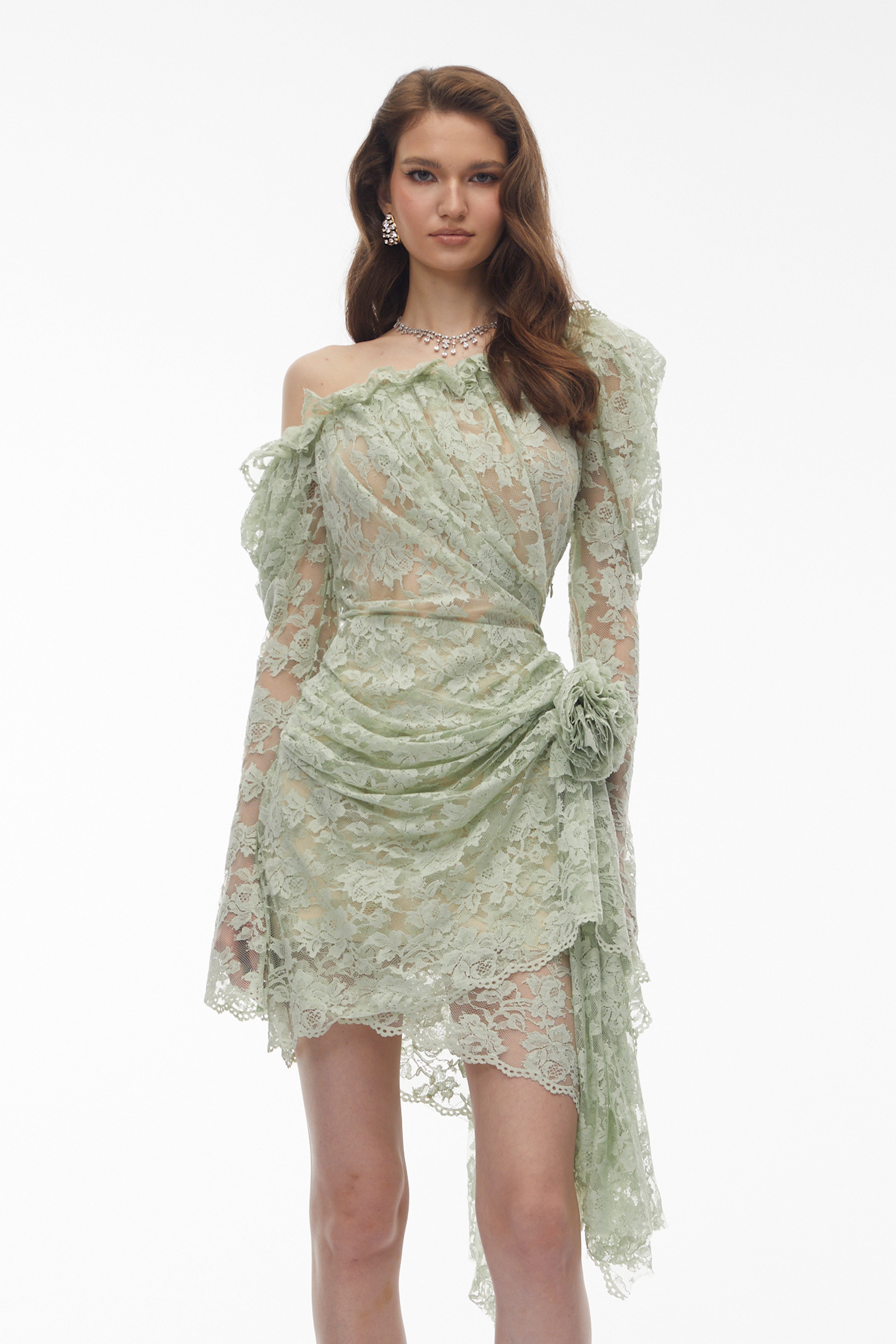 Alexis Sage Green Semi-Sheer Floral Lace Mini Dress