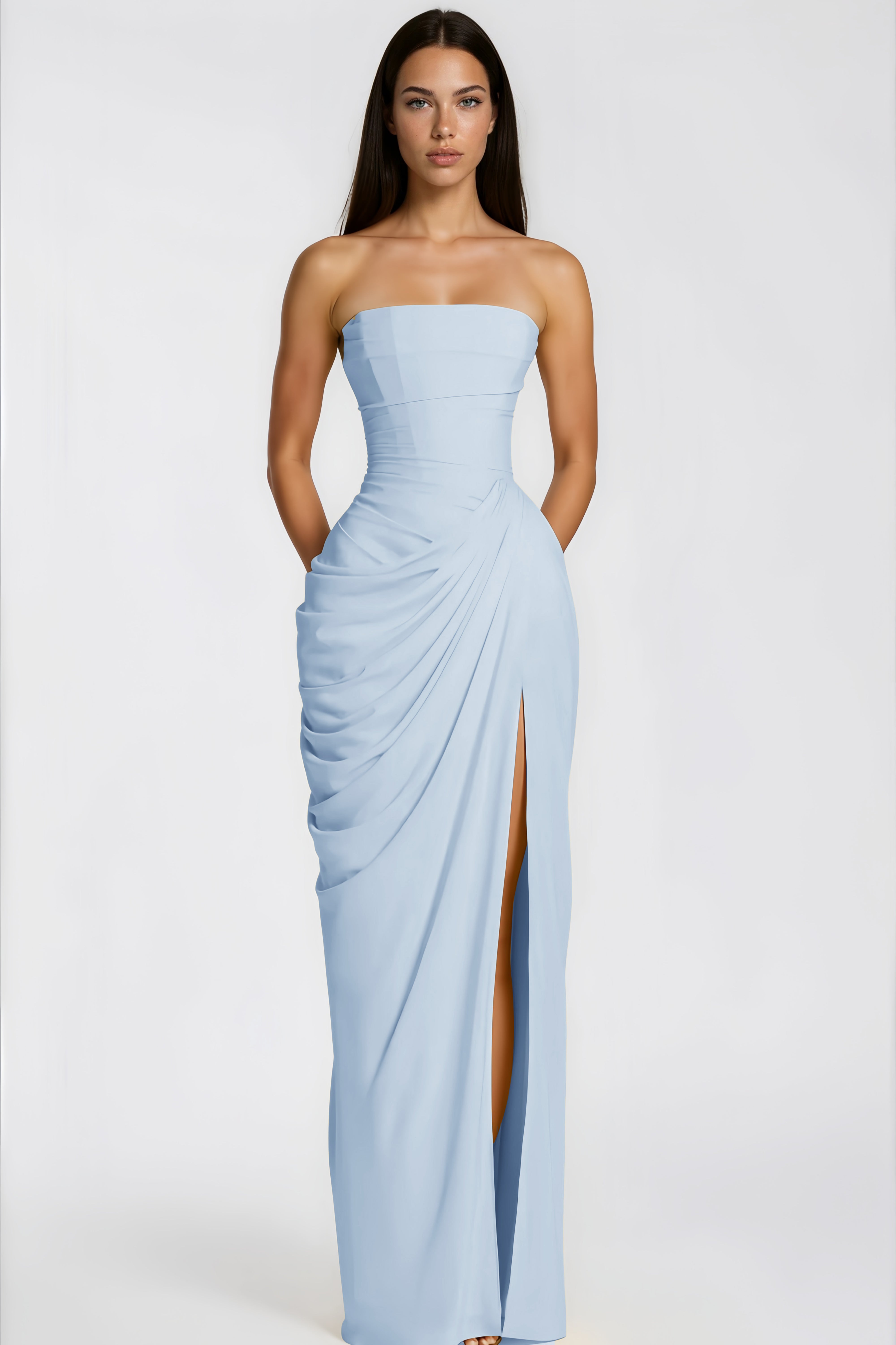 Safiya Blue Ruched Maxi Dress with Cross Front